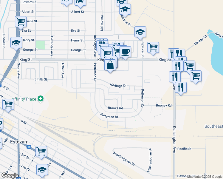 map of restaurants, bars, coffee shops, grocery stores, and more near in Estevan