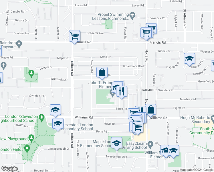 map of restaurants, bars, coffee shops, grocery stores, and more near 7520 Reeder Road in Richmond