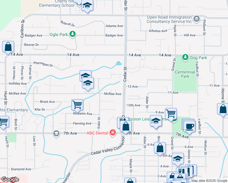 map of restaurants, bars, coffee shops, grocery stores, and more near 32747 McRae Avenue in Mission