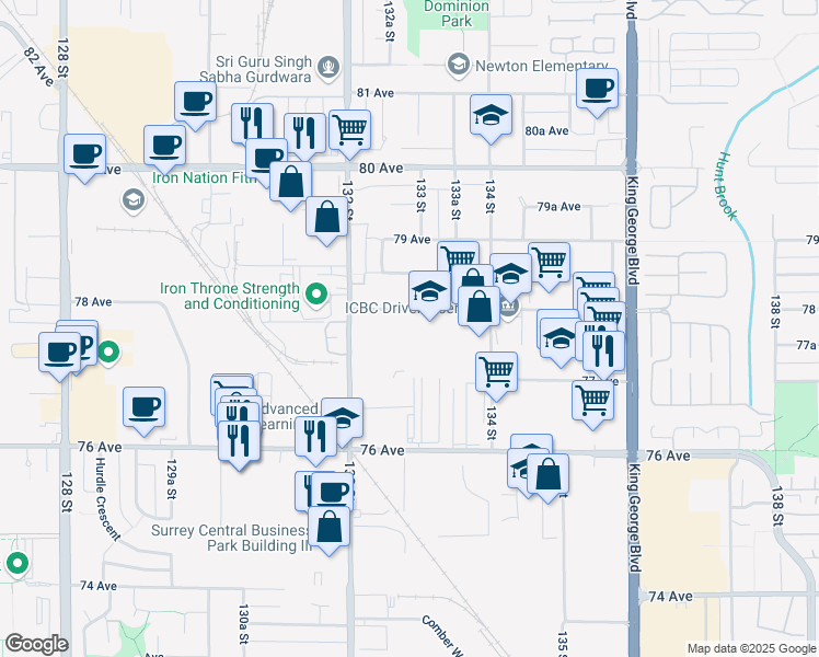 map of restaurants, bars, coffee shops, grocery stores, and more near 13290 78 Avenue in Surrey