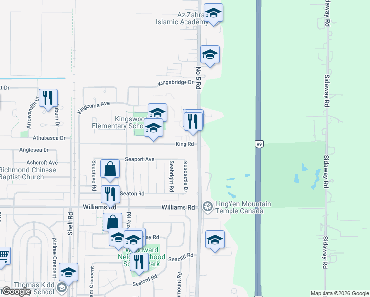 map of restaurants, bars, coffee shops, grocery stores, and more near 11771 King Road in Richmond