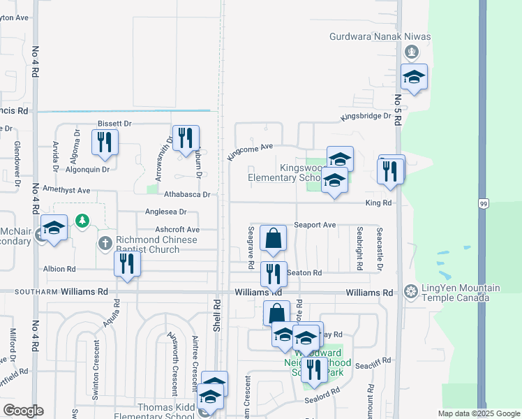 map of restaurants, bars, coffee shops, grocery stores, and more near 11160 King Road in Richmond