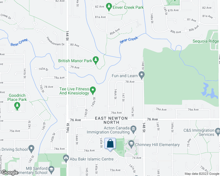 map of restaurants, bars, coffee shops, grocery stores, and more near 7770 146 Street in Surrey