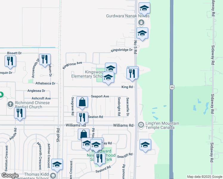 map of restaurants, bars, coffee shops, grocery stores, and more near 11620 King Road in Richmond