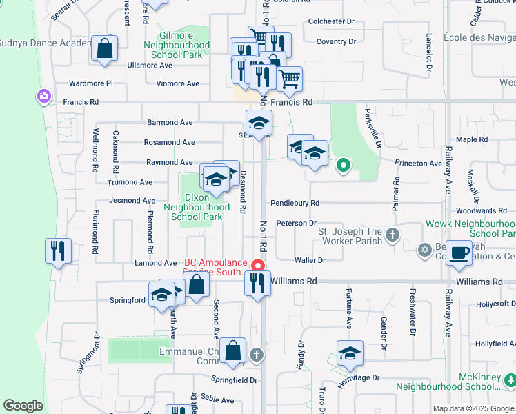 map of restaurants, bars, coffee shops, grocery stores, and more near 9459 Number 1 Road in Richmond