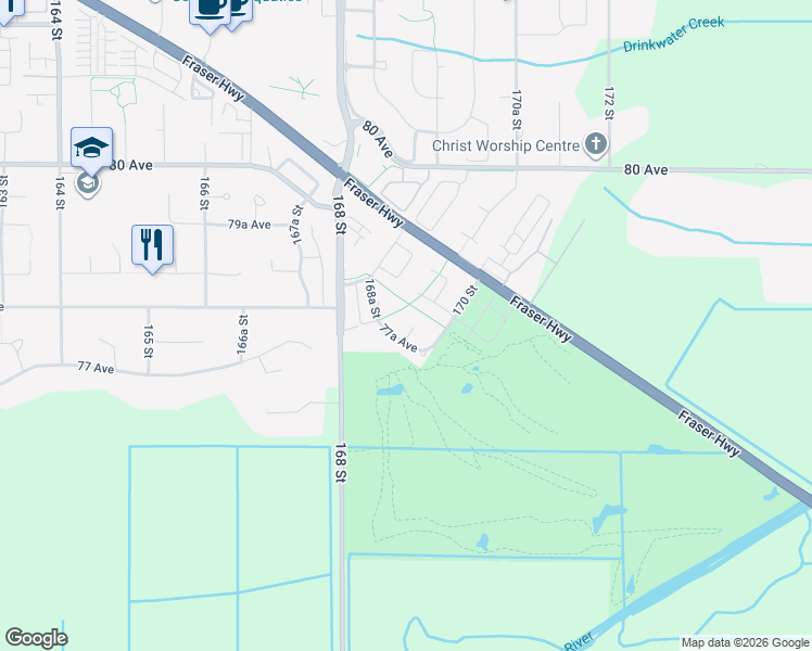 map of restaurants, bars, coffee shops, grocery stores, and more near 7757 169A Street in Surrey