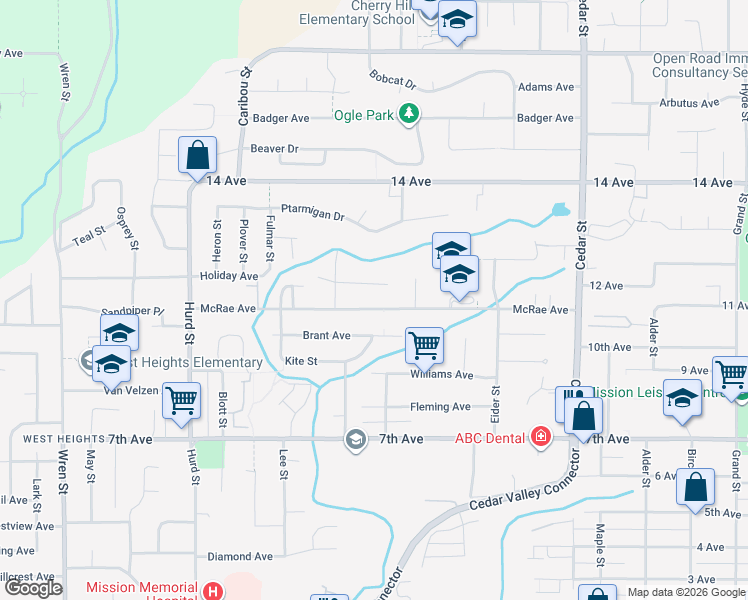 map of restaurants, bars, coffee shops, grocery stores, and more near 32485 McRae Avenue in Mission