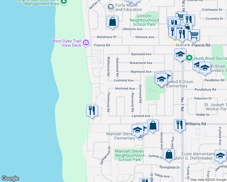 map of restaurants, bars, coffee shops, grocery stores, and more near 3351 Jesmond Avenue in Richmond
