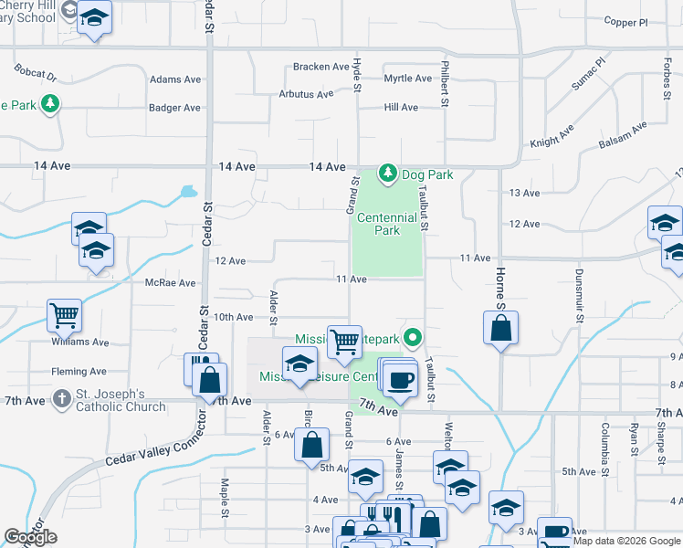 map of restaurants, bars, coffee shops, grocery stores, and more near 7807 Grand Street in Mission