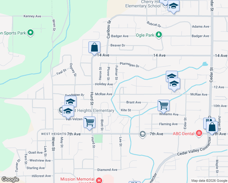 map of restaurants, bars, coffee shops, grocery stores, and more near 32311 McRae Avenue in Mission