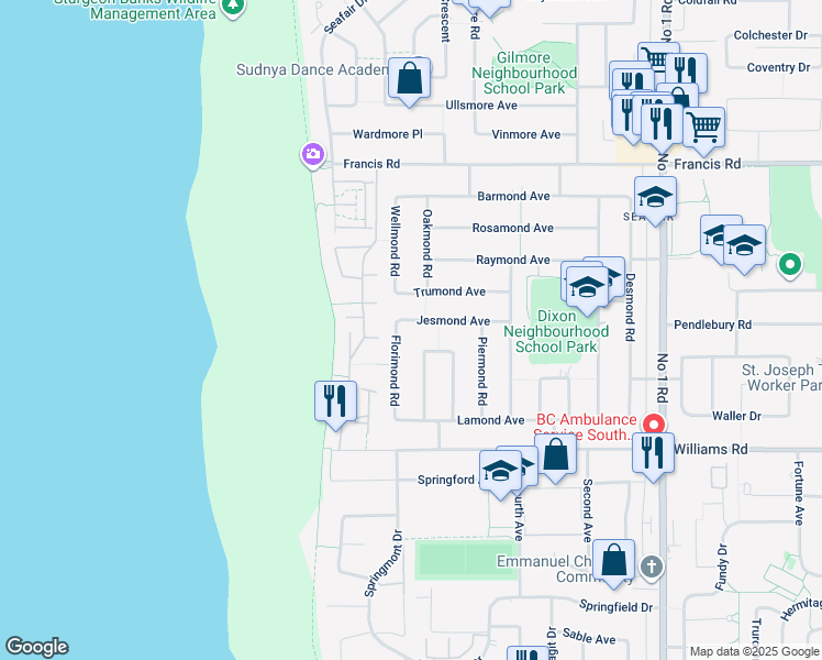 map of restaurants, bars, coffee shops, grocery stores, and more near 3300 Jesmond Avenue in Richmond