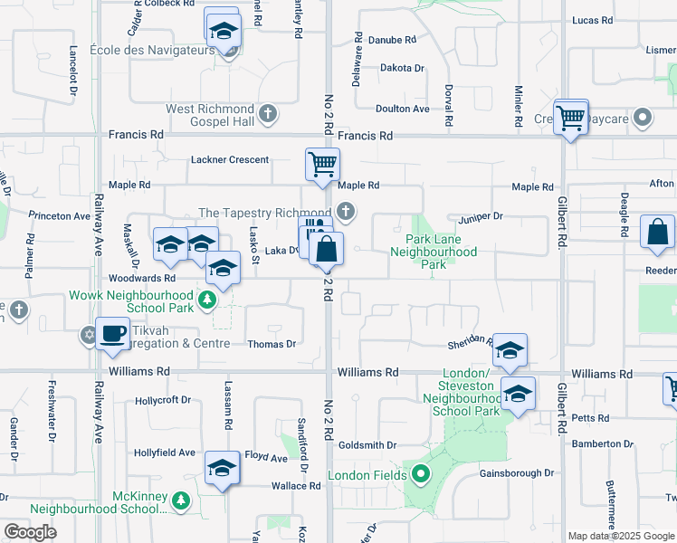 map of restaurants, bars, coffee shops, grocery stores, and more near 6031 Woodwards Road in Richmond