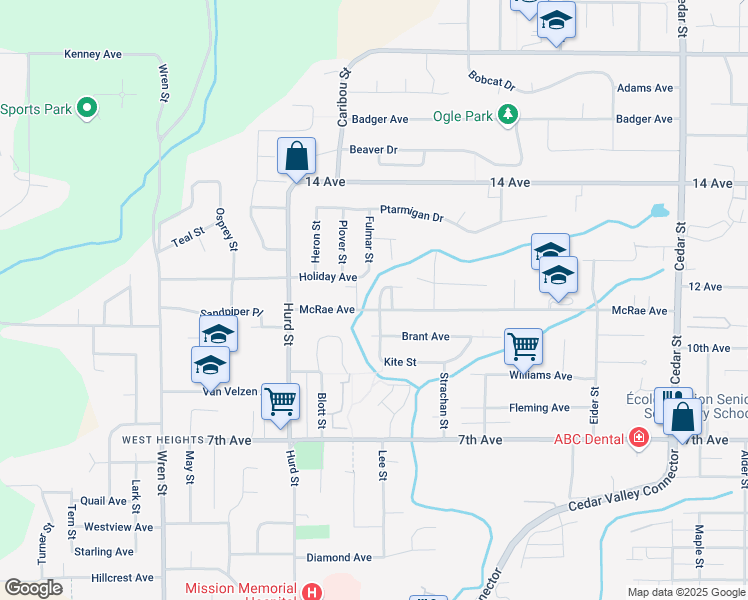 map of restaurants, bars, coffee shops, grocery stores, and more near 32361 McRae Avenue in Mission