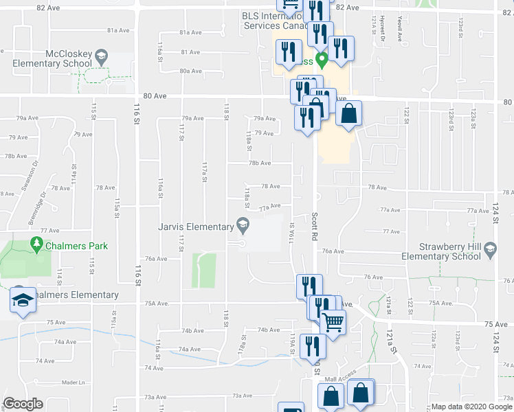 map of restaurants, bars, coffee shops, grocery stores, and more near 11883 77A Avenue in Delta