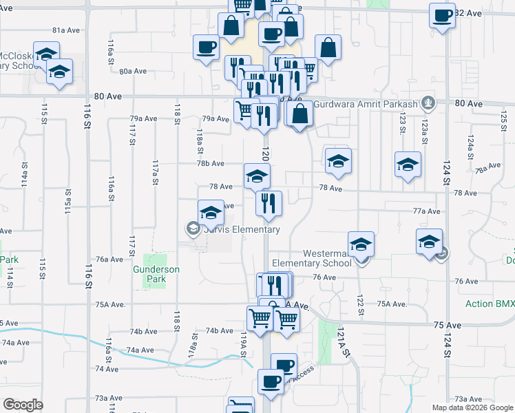 map of restaurants, bars, coffee shops, grocery stores, and more near 7754 119A Street in Delta