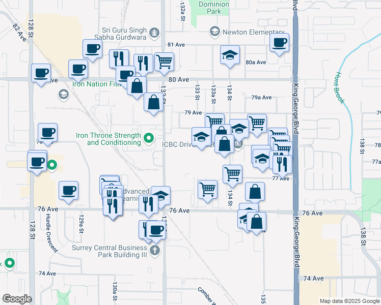 map of restaurants, bars, coffee shops, grocery stores, and more near 13290 78 Avenue in Surrey