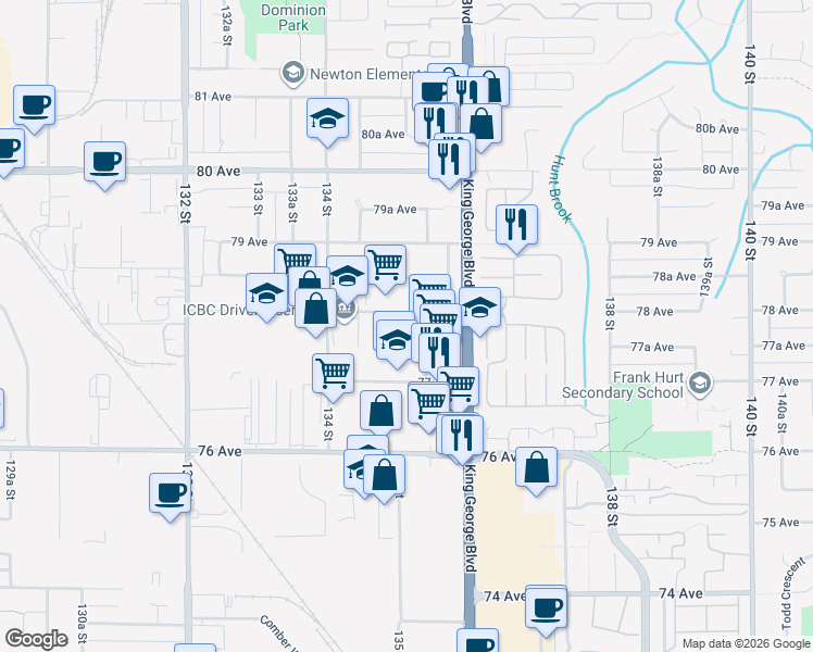 map of restaurants, bars, coffee shops, grocery stores, and more near 13520 78 Avenue in Surrey
