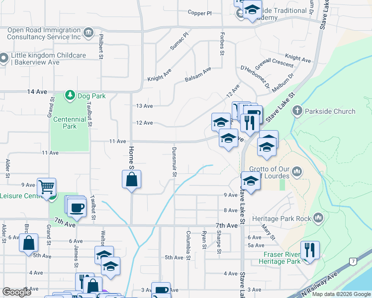 map of restaurants, bars, coffee shops, grocery stores, and more near 7816 Dunsmuir Street in Mission