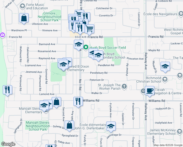map of restaurants, bars, coffee shops, grocery stores, and more near 4360 Pendlebury Road in Richmond