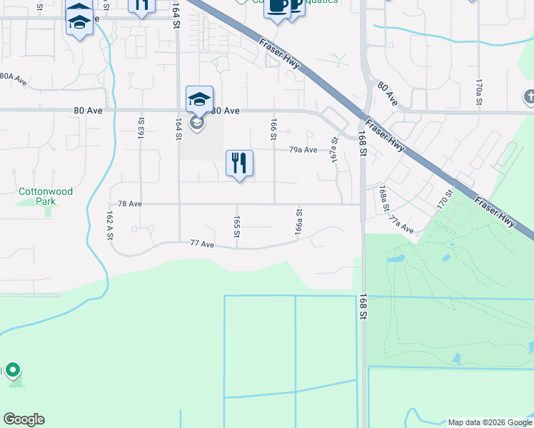 map of restaurants, bars, coffee shops, grocery stores, and more near 16560 78 Avenue in Surrey