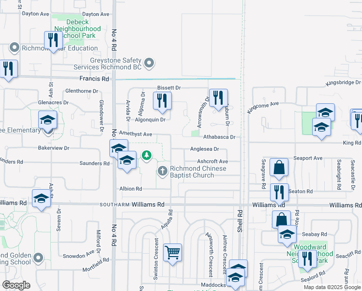 map of restaurants, bars, coffee shops, grocery stores, and more near 10531 Anglesea Drive in Richmond