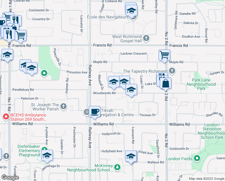 map of restaurants, bars, coffee shops, grocery stores, and more near 5231 Woodwards Road in Richmond