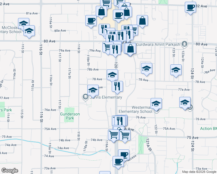 map of restaurants, bars, coffee shops, grocery stores, and more near 7744 119A Street in Delta