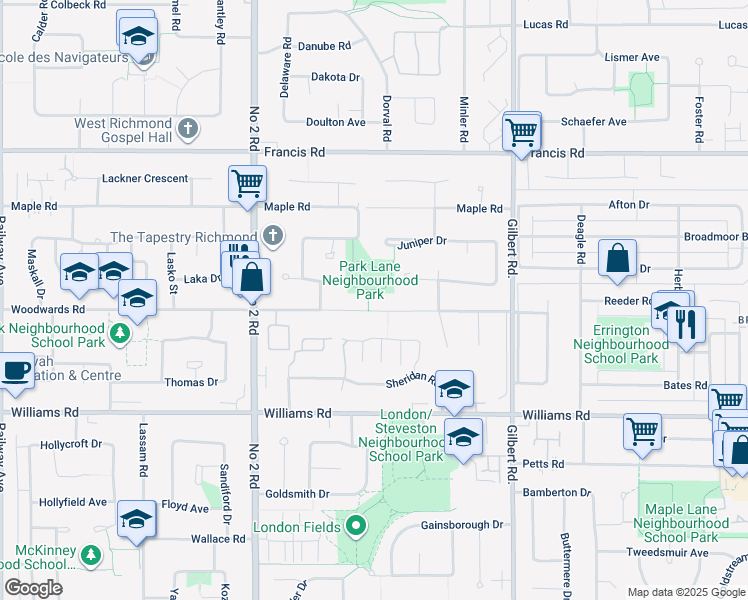 map of restaurants, bars, coffee shops, grocery stores, and more near 6377 Woodwards Road in Richmond