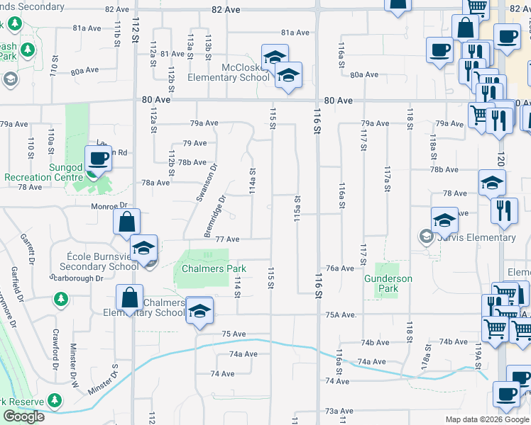 map of restaurants, bars, coffee shops, grocery stores, and more near 7743 115 Street in Delta