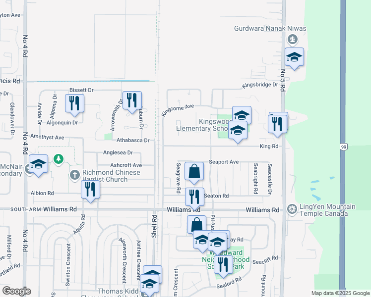 map of restaurants, bars, coffee shops, grocery stores, and more near 11160 King Road in Richmond