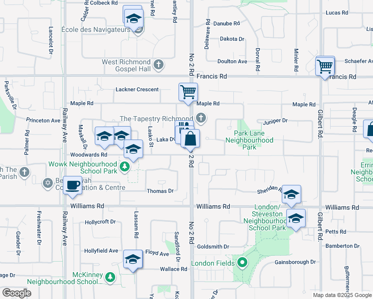 map of restaurants, bars, coffee shops, grocery stores, and more near 9411 Number 2 Road in Richmond