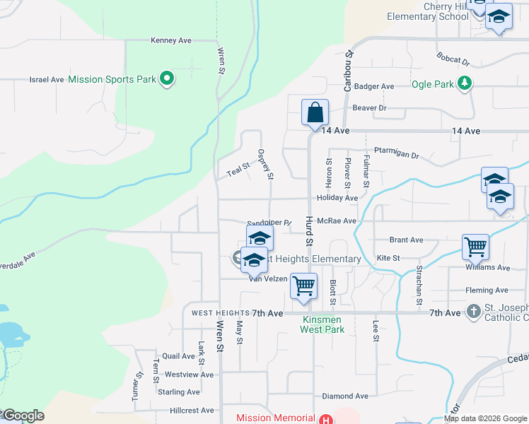 map of restaurants, bars, coffee shops, grocery stores, and more near 7817 Sandpiper Street in Mission