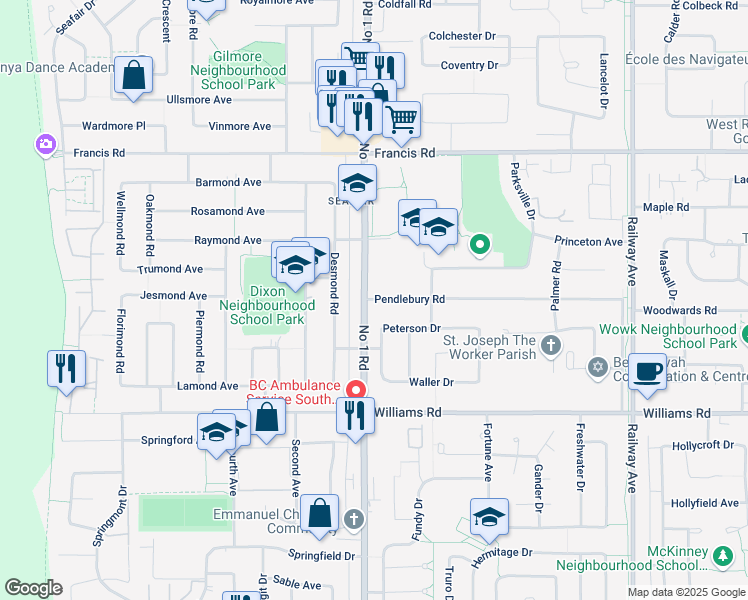 map of restaurants, bars, coffee shops, grocery stores, and more near 4240 Pendlebury Road in Richmond