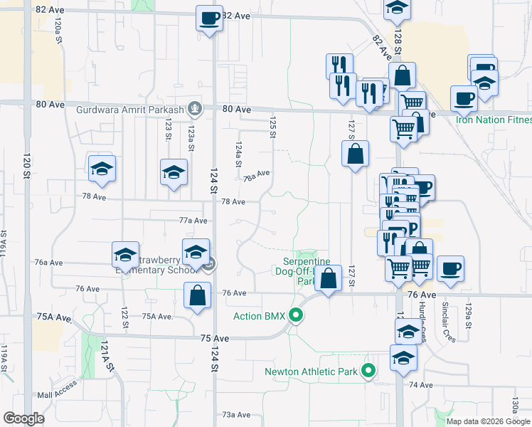 map of restaurants, bars, coffee shops, grocery stores, and more near 7796 125 Street in Surrey
