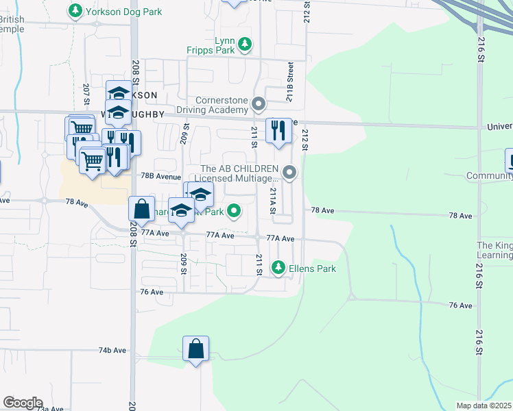 map of restaurants, bars, coffee shops, grocery stores, and more near 7880 211 Street in Langley