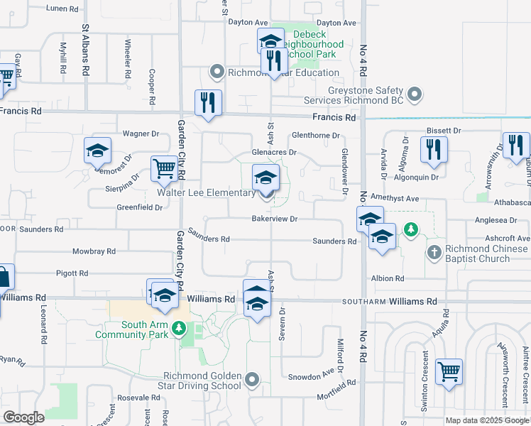 map of restaurants, bars, coffee shops, grocery stores, and more near 9371 Bakerview Drive in Richmond