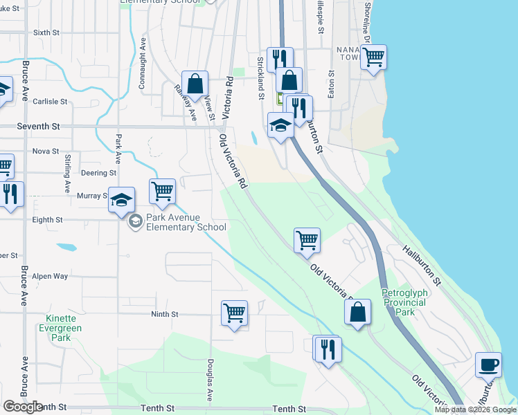 map of restaurants, bars, coffee shops, grocery stores, and more near 852 Old Victoria Road in Nanaimo