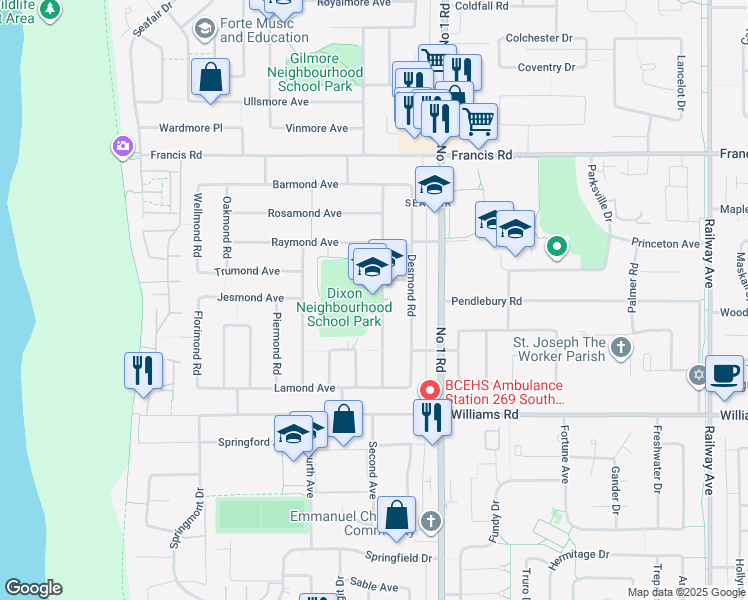map of restaurants, bars, coffee shops, grocery stores, and more near 9331 Diamond Road in Richmond