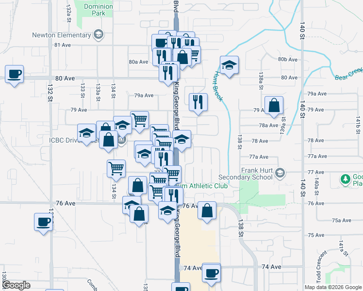 map of restaurants, bars, coffee shops, grocery stores, and more near 7790 King George Boulevard in Surrey
