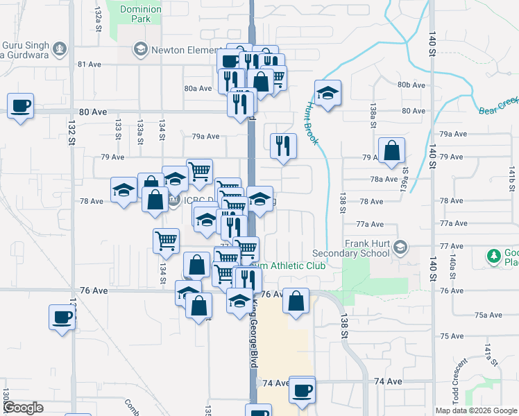 map of restaurants, bars, coffee shops, grocery stores, and more near 7790 King George Boulevard in Surrey