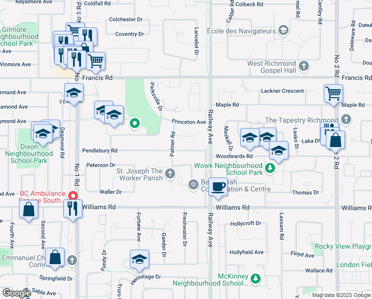 map of restaurants, bars, coffee shops, grocery stores, and more near 4871 Pendlebury Road in Richmond