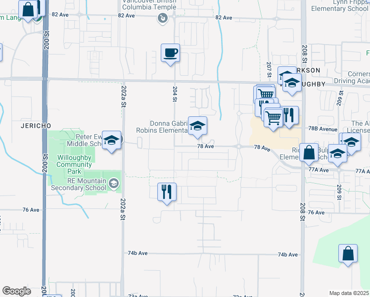 map of restaurants, bars, coffee shops, grocery stores, and more near 20432 78 Avenue in Langley Township