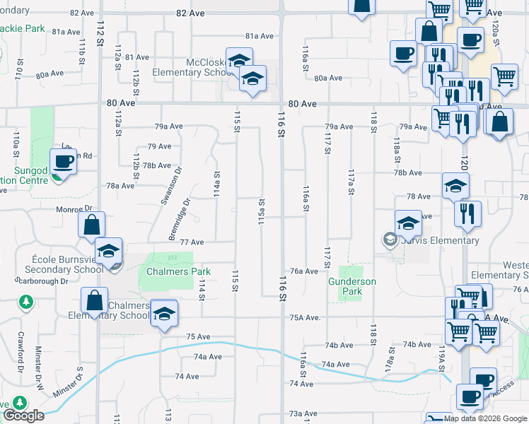 map of restaurants, bars, coffee shops, grocery stores, and more near 11565 77A Avenue in Delta