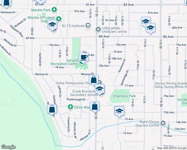 map of restaurants, bars, coffee shops, grocery stores, and more near 11196 Monroe Drive in Delta