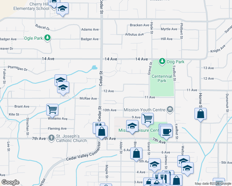 map of restaurants, bars, coffee shops, grocery stores, and more near 32882 12 Avenue in Mission