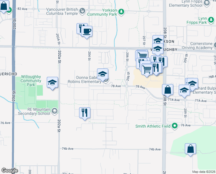 map of restaurants, bars, coffee shops, grocery stores, and more near 20484 78 Avenue in Langley Township