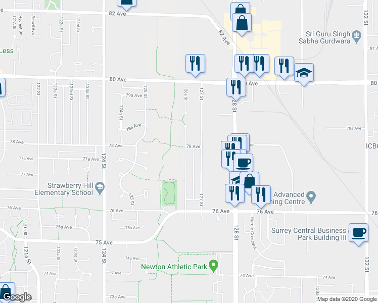 map of restaurants, bars, coffee shops, grocery stores, and more near 7782 126A Street in Surrey