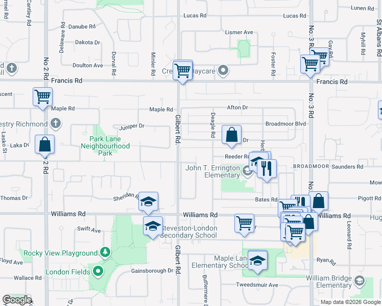 map of restaurants, bars, coffee shops, grocery stores, and more near 9691 Gilhurst Crescent in Richmond