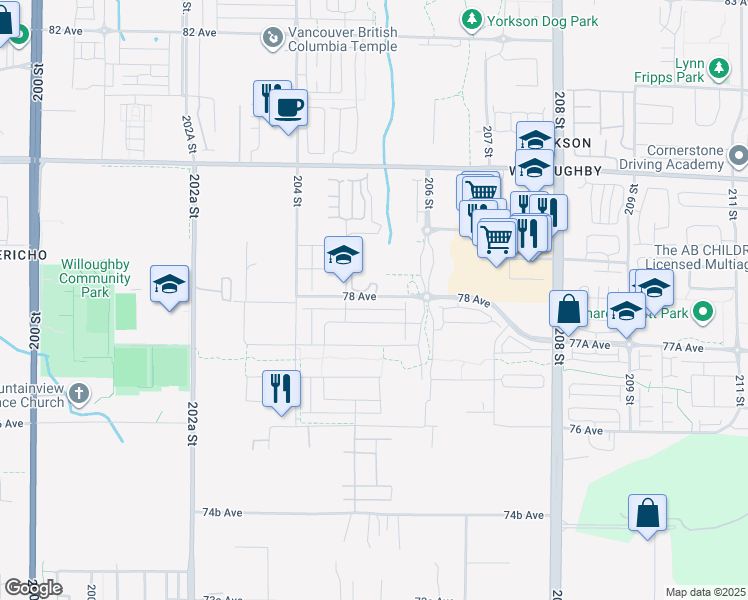 map of restaurants, bars, coffee shops, grocery stores, and more near 20498 78 Avenue in Langley