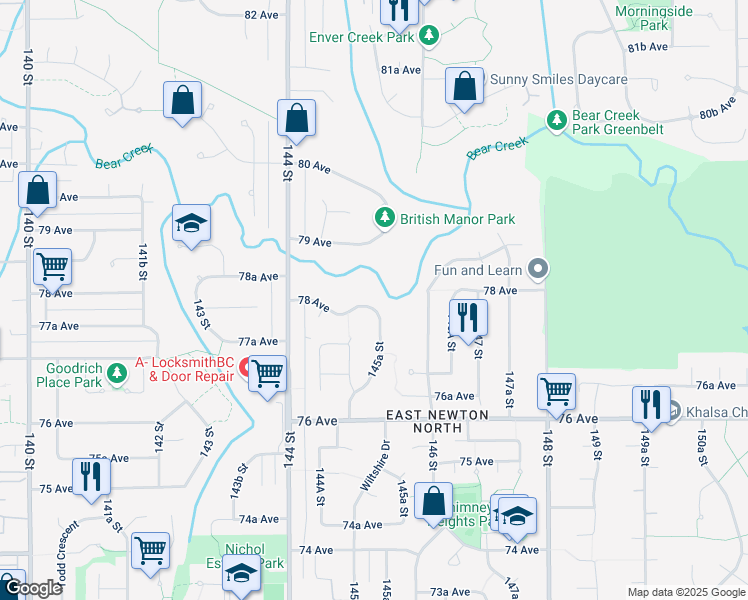 map of restaurants, bars, coffee shops, grocery stores, and more near 14539 78 Avenue in Surrey